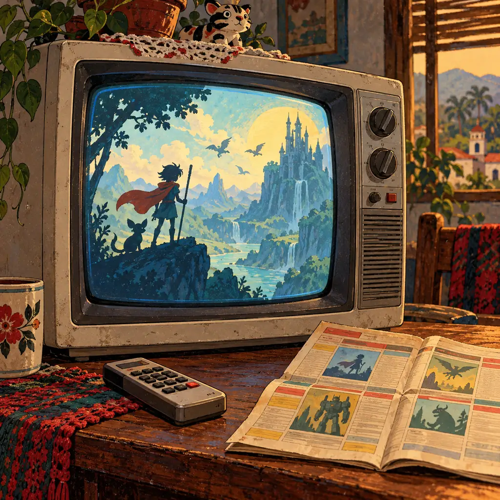 Televisor CRT con una ilustración animada original y una guía impresa de series clásicas