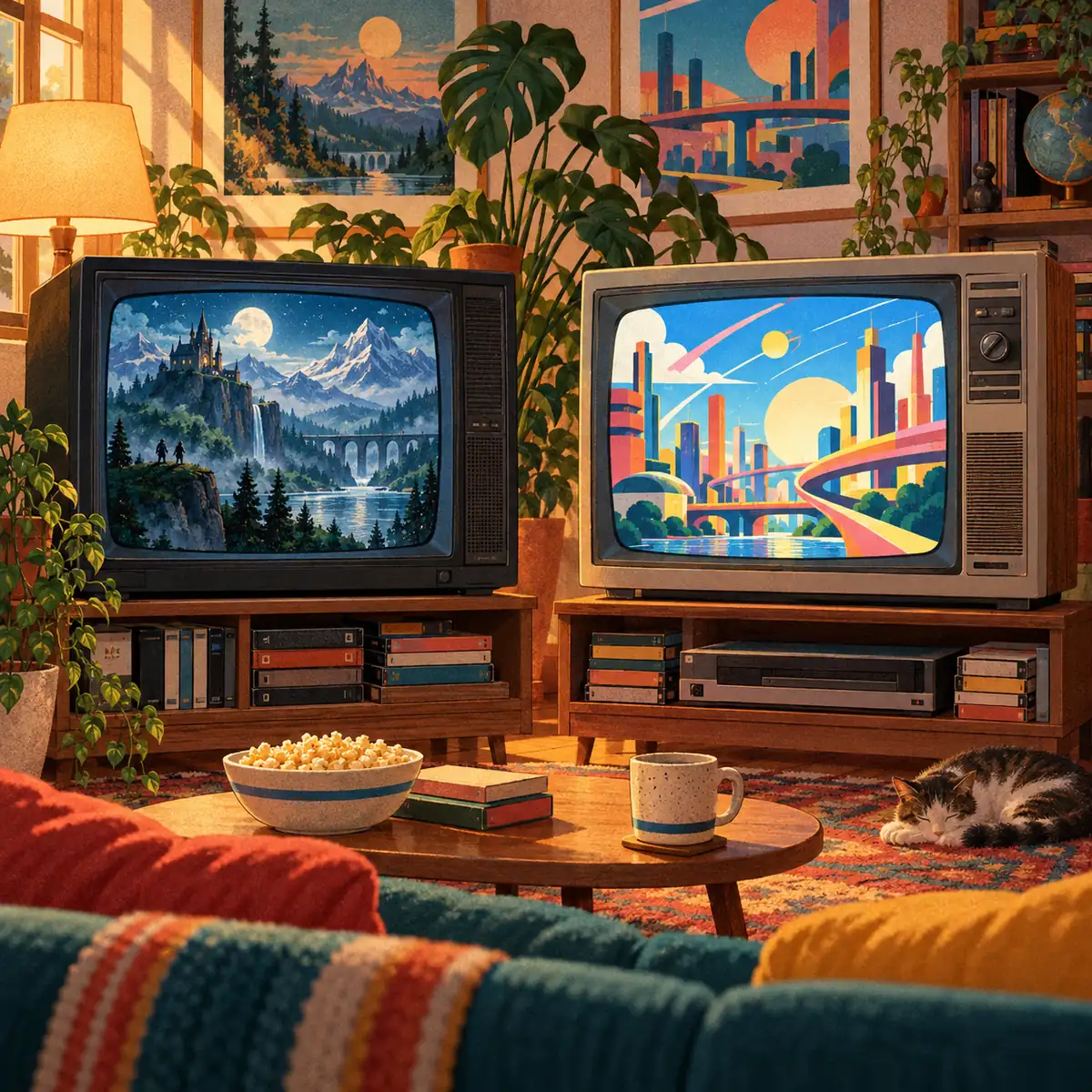 Dos televisores retro con paisajes animados originales que sugieren estilos de distintas décadas