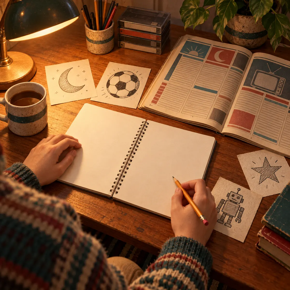 Persona revisando una guía impresa y anotando personajes y escenas que recuerda de una caricatura
