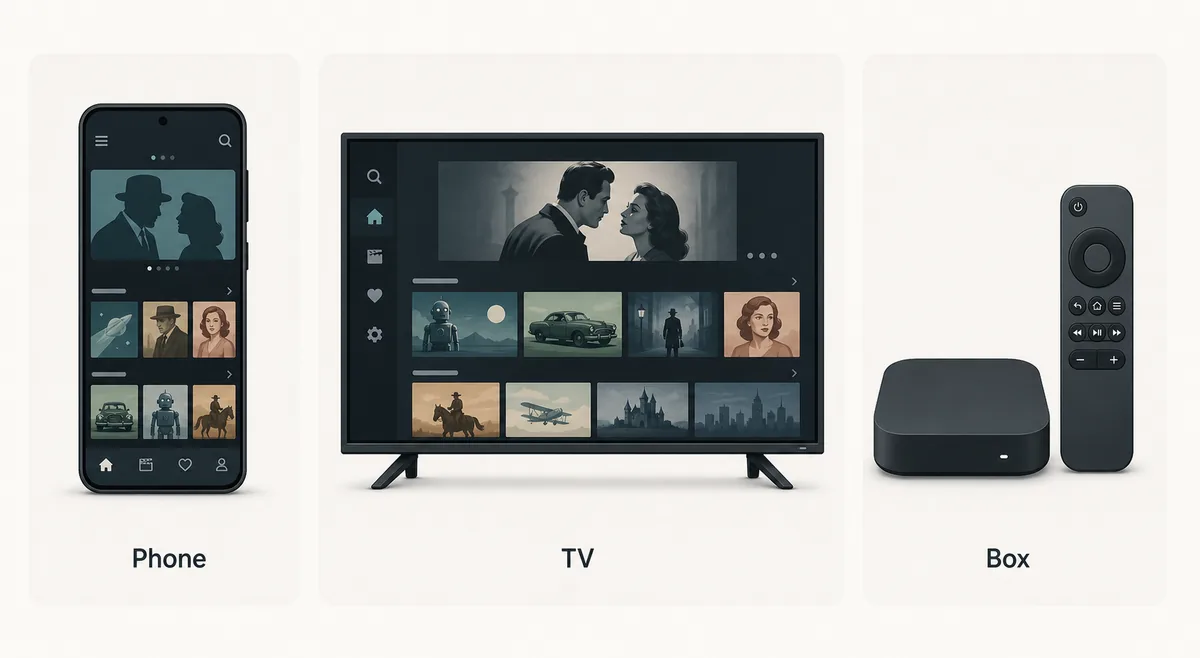 Visual comparison of phone, television, and TV Box for retro movies and series