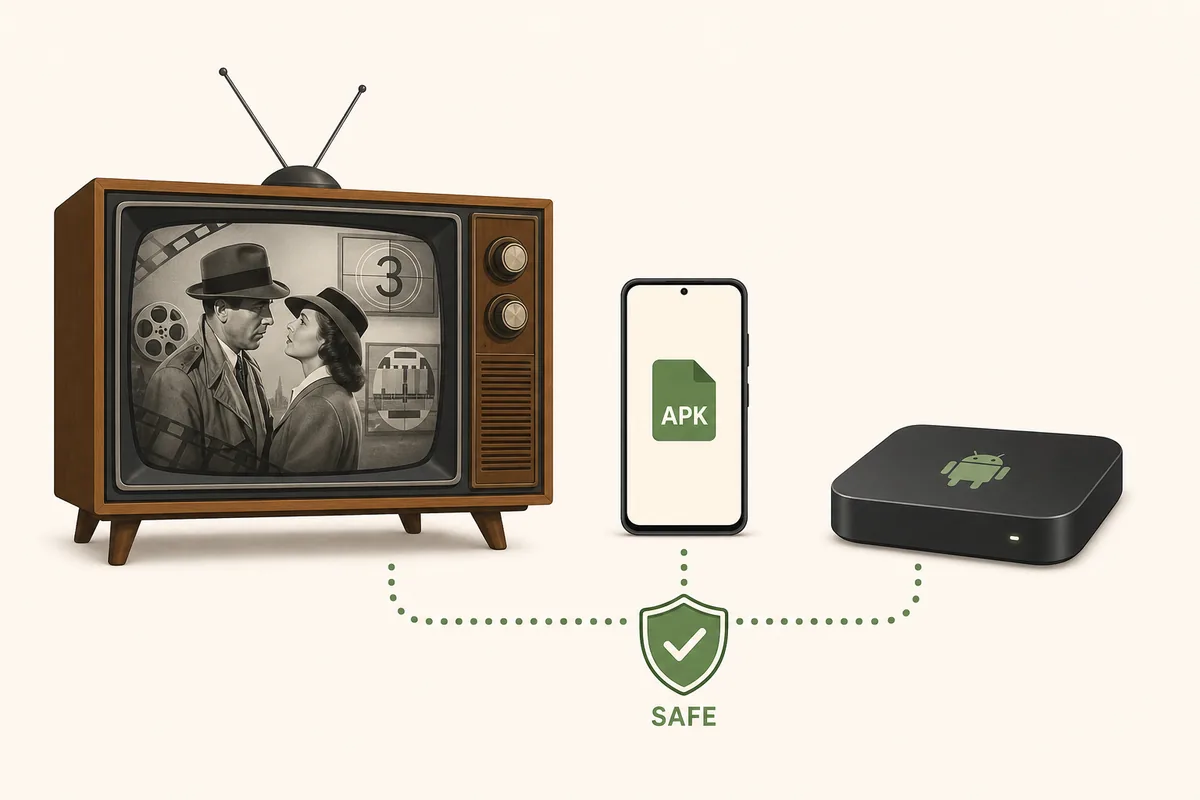 レトロテレビ、Androidスマホ、TV Boxが安全なAPK経路でつながる説明イラスト