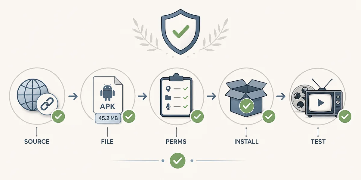 Verification flow for source, file, permissions, install, and playback test