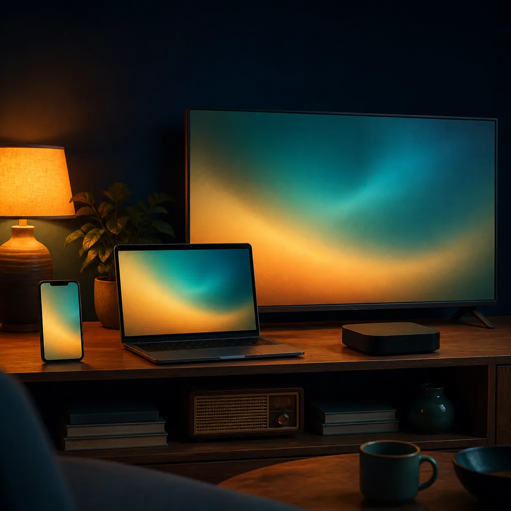 スマートフォン、ノートパソコン、テレビ、TV Boxをレトロ作品の視聴端末として示すイメージ