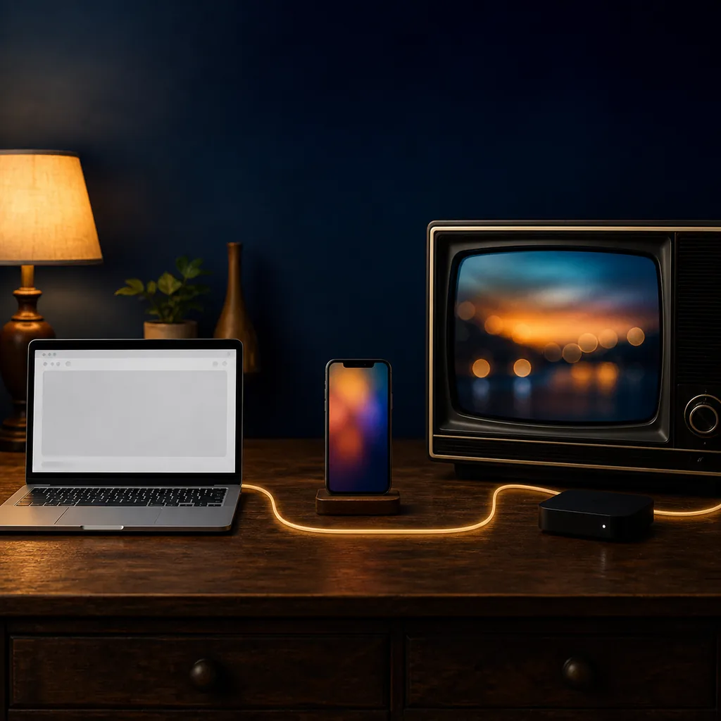 ノートパソコン、スマートフォン、テレビとストリーミング端末で三つの視聴方法を表すイメージ