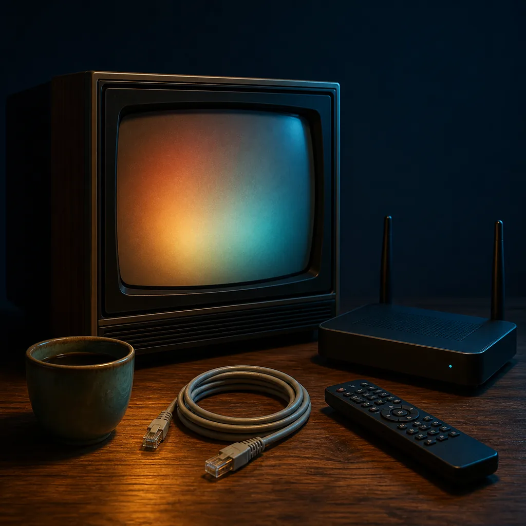 ブラウン管テレビ、ルーター、LANケーブル、リモコンで再生トラブルを説明するイメージ
