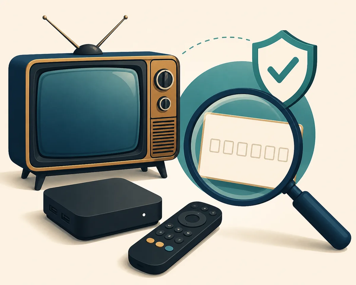 レトロテレビ、TV Box、Downloaderコードを確認する虫眼鏡の編集イラスト