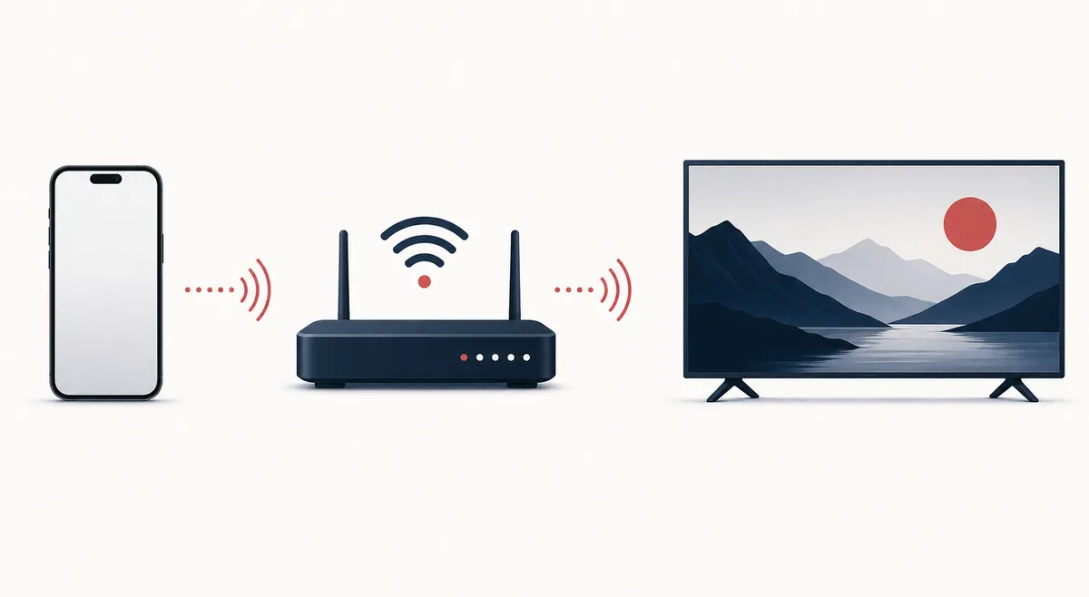 Editorial diagram connecting an iPhone, Wi-Fi router, and television