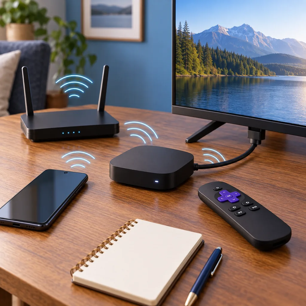 Rokuテレビ、Wi-Fiルーター、Androidスマートフォン、リモコンの接続イラスト