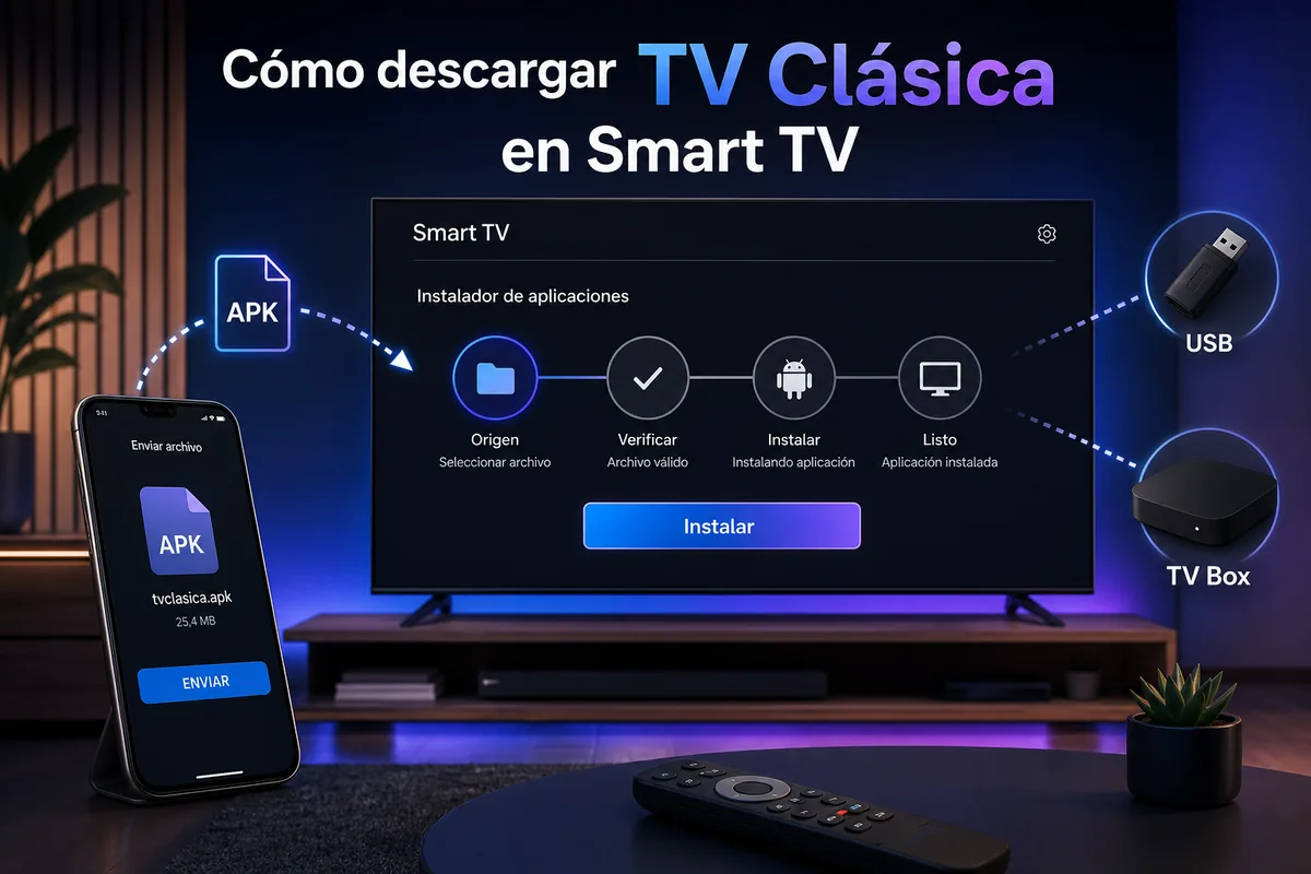 Guida visiva per installare TV Clasica APK su Smart TV con USB e telecomando